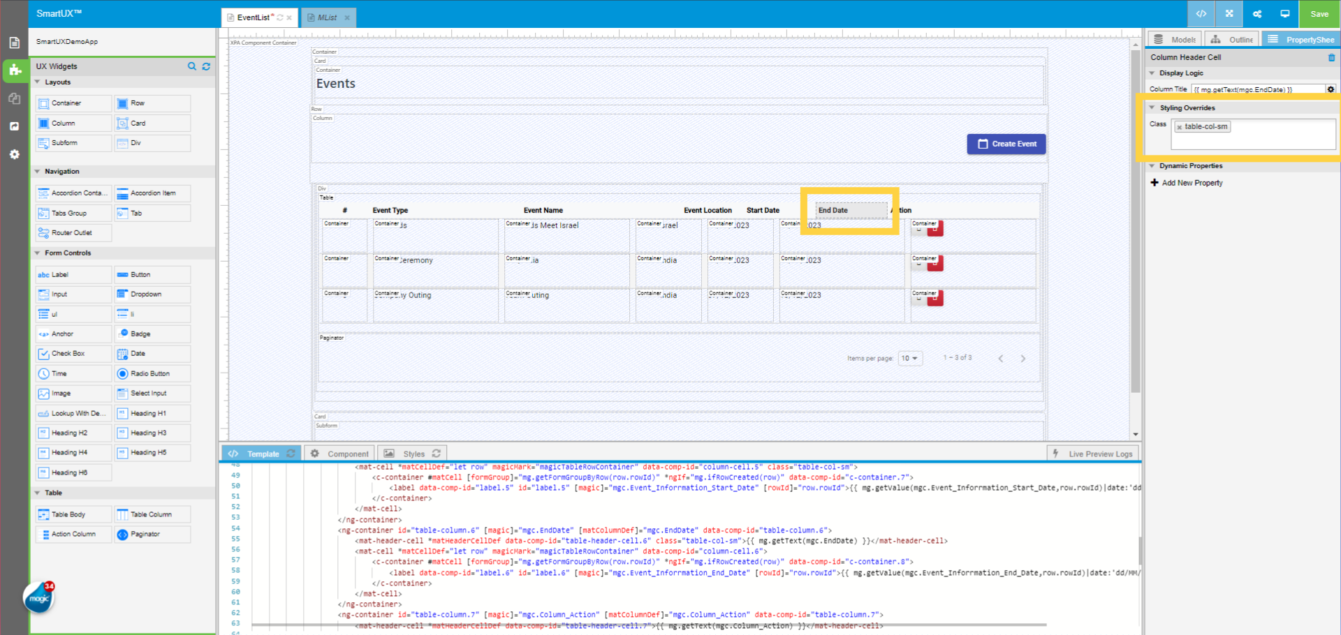 End Date Column Header Cell Class Property