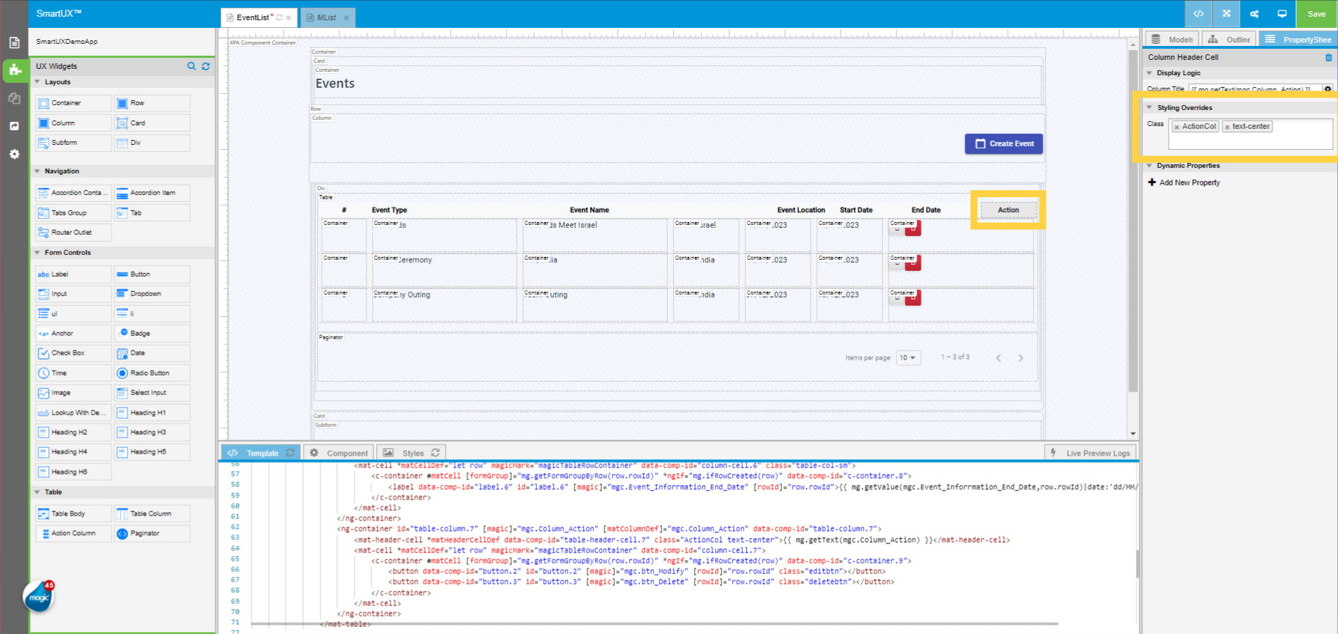 Action Column Header Cell Class Property