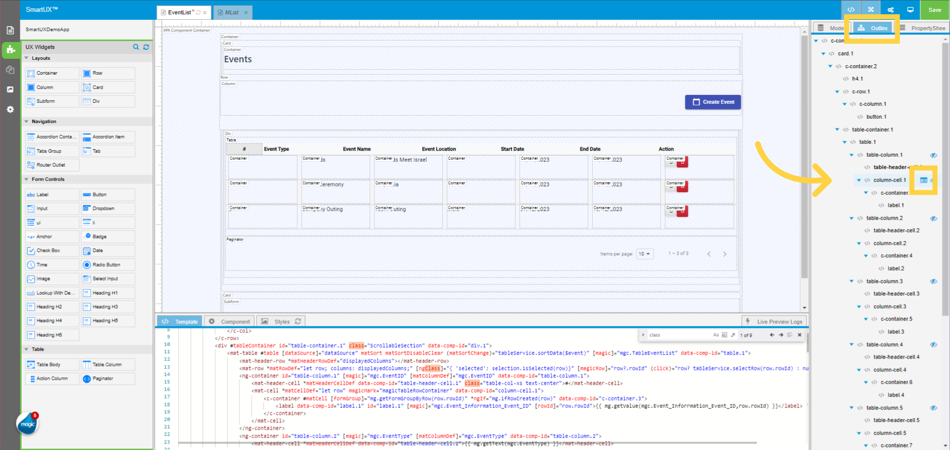 Switch to Outline tree to Select Column Cell