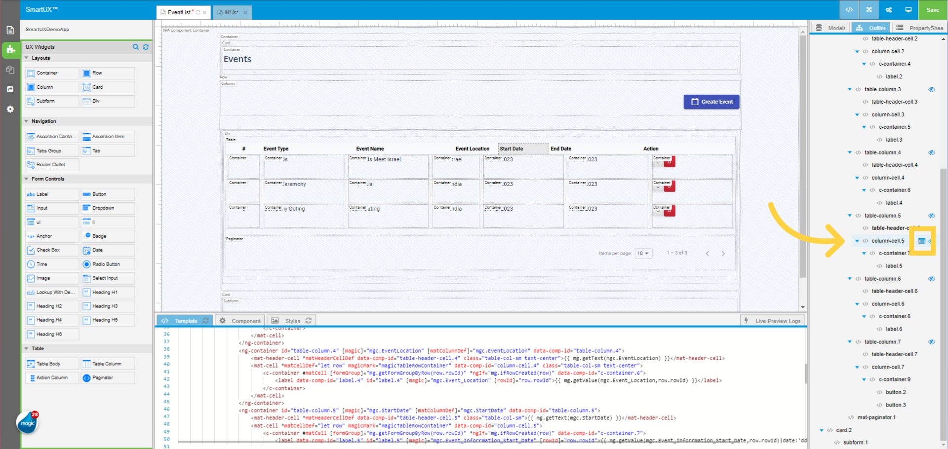 Switch to Outline tree to Select Column Cell