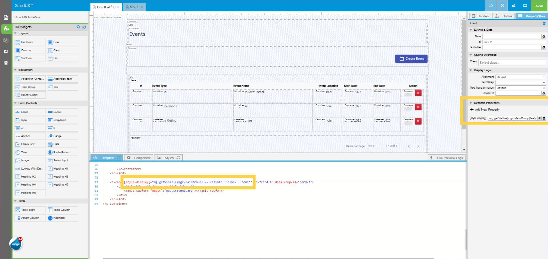 Display property of Card for Subform HTML element