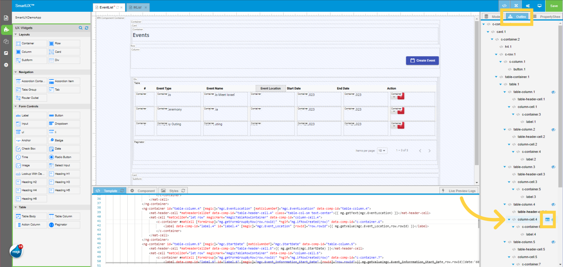 Switch to Outline tree to Select Column Cell