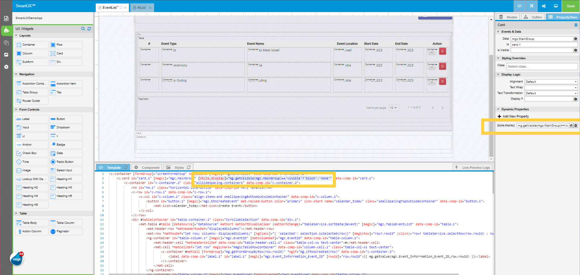 Display property of Card HTML element