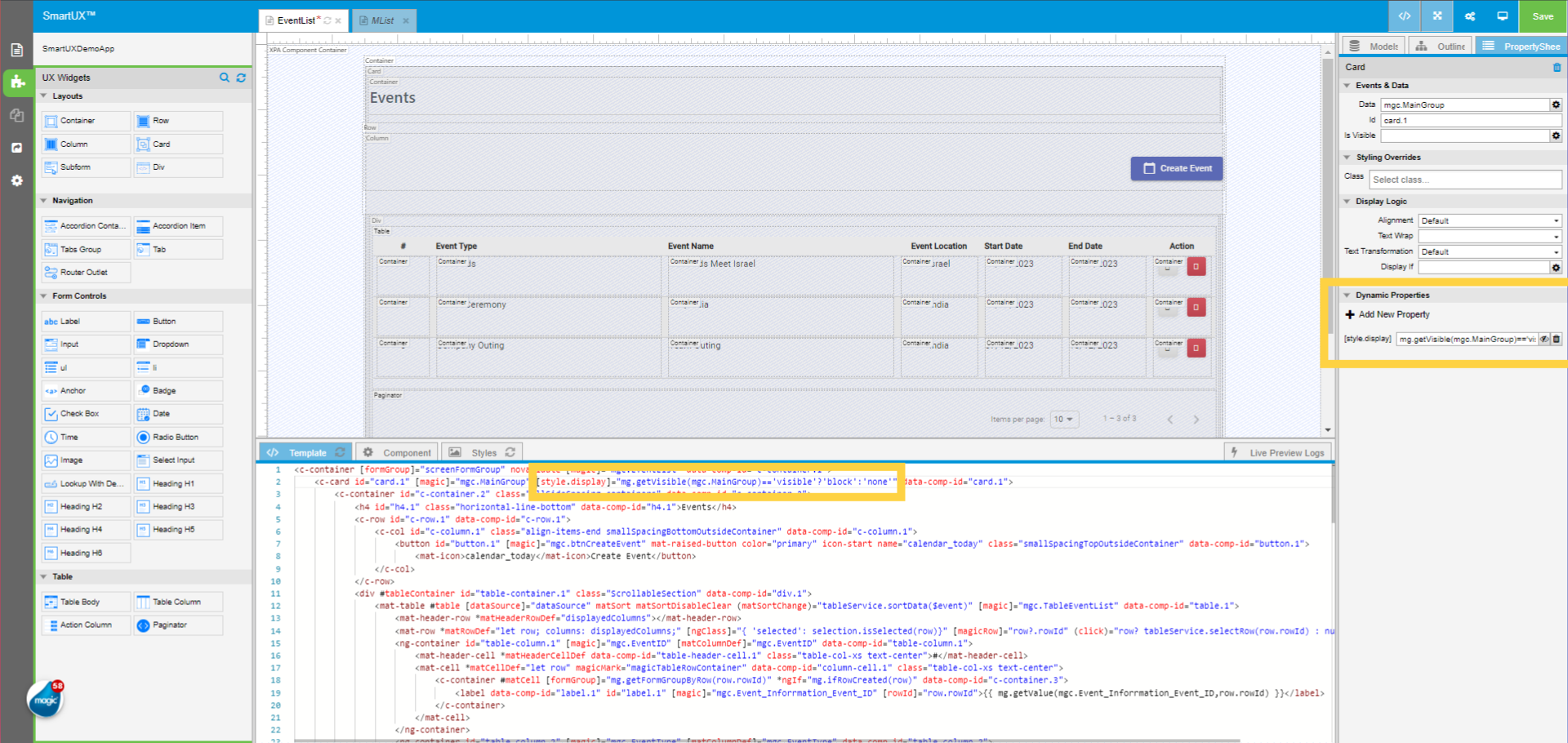 Select the Card widget to Add Dynamic Property