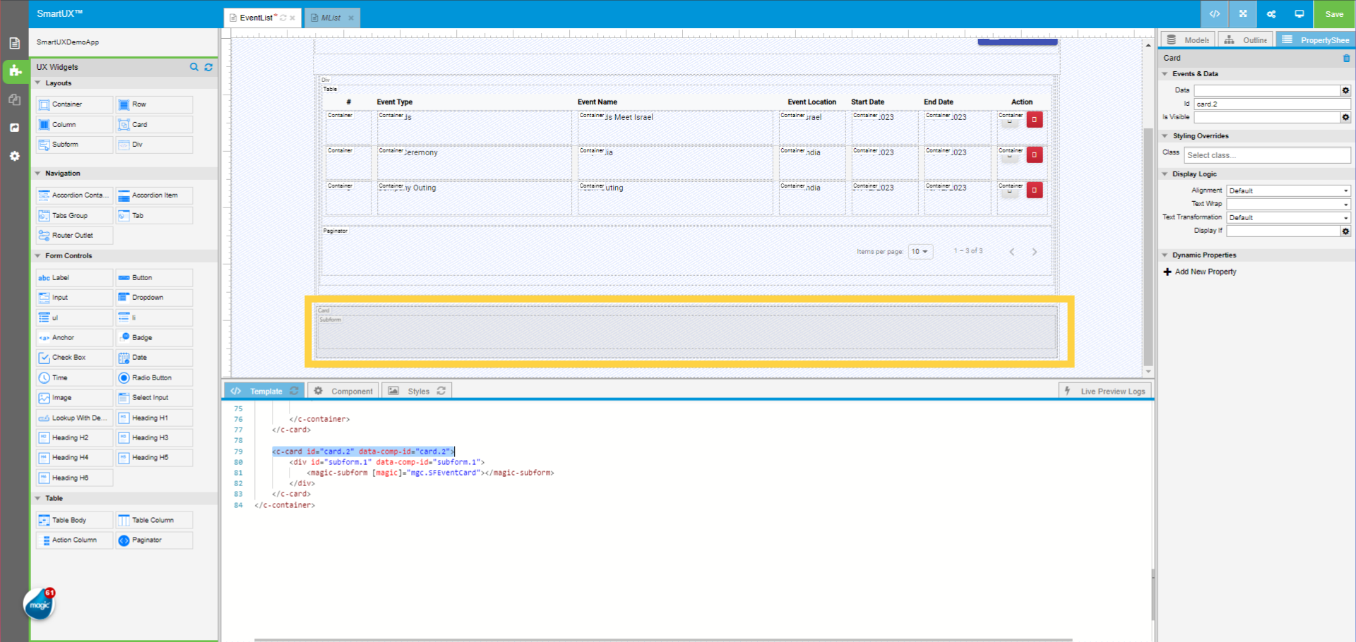 Card for Subform Widget Properties Sheet