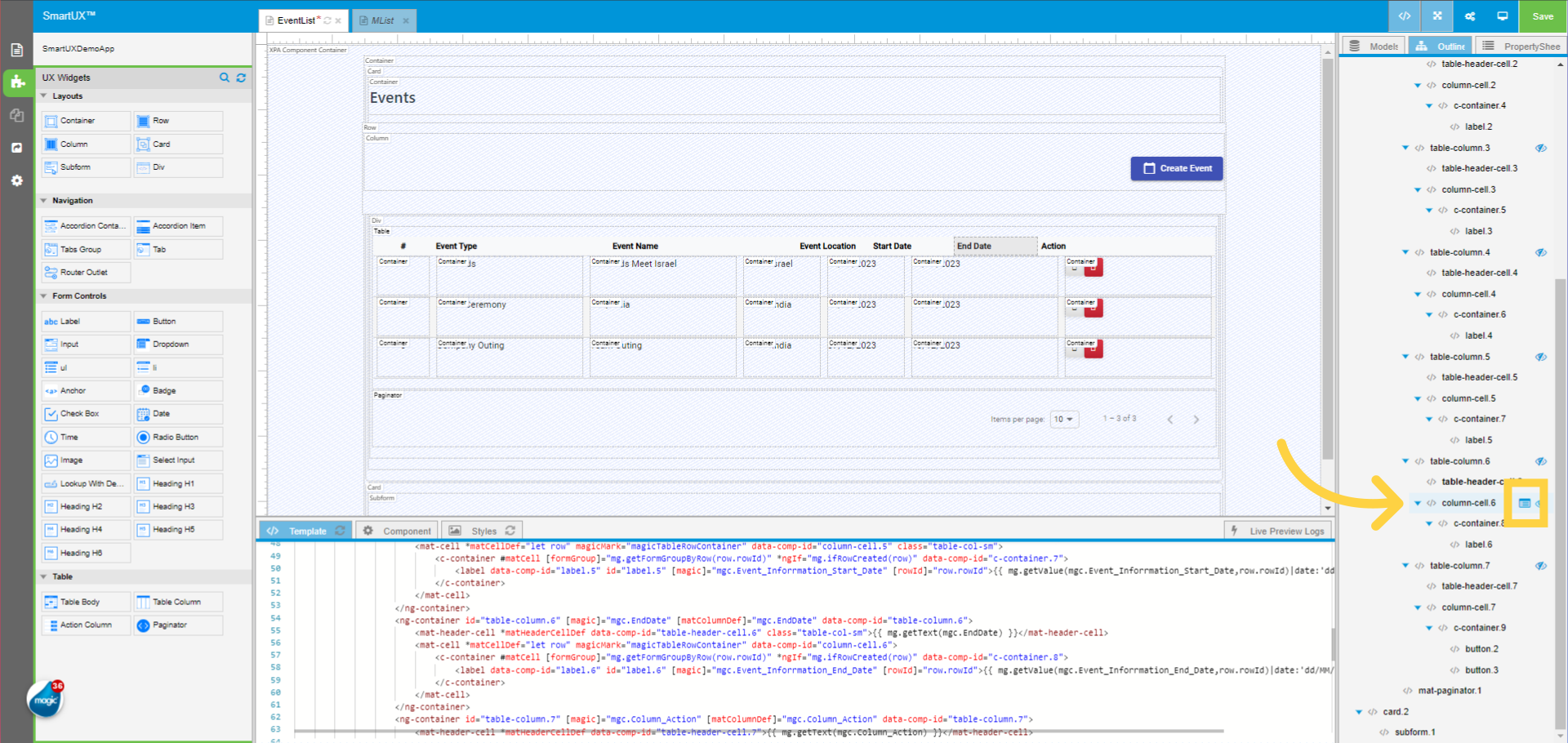 Switch to Outline tree to Select Column Cell