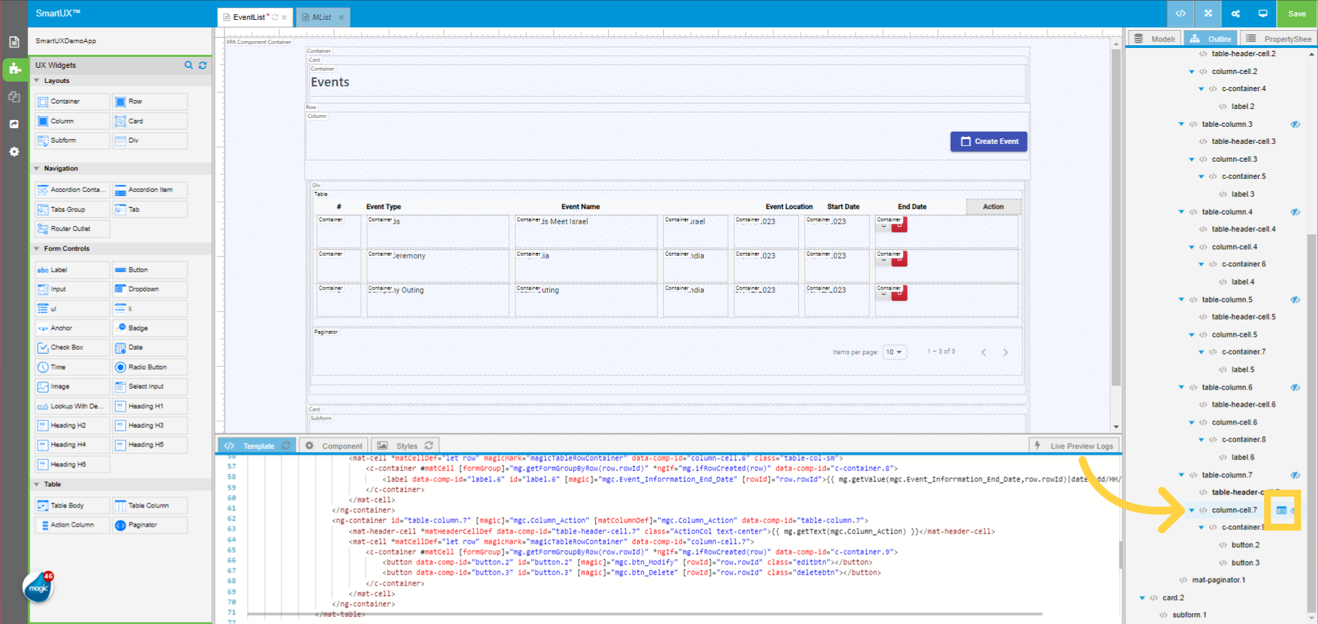 Switch to Outline tree to Select Column Cell