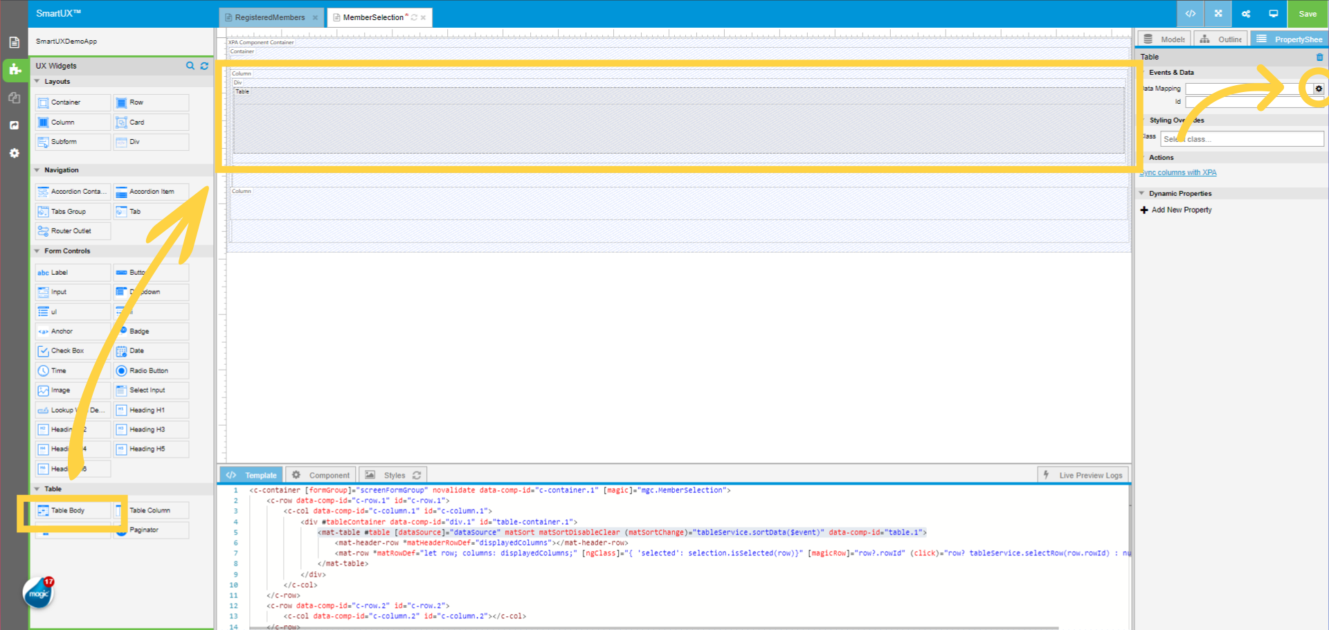 Drag and drop the Table Body to Column
