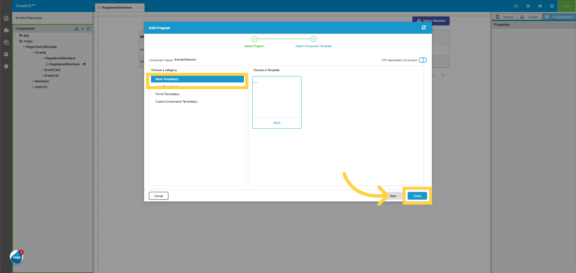 Select the Component Template for the MemberSelection Program