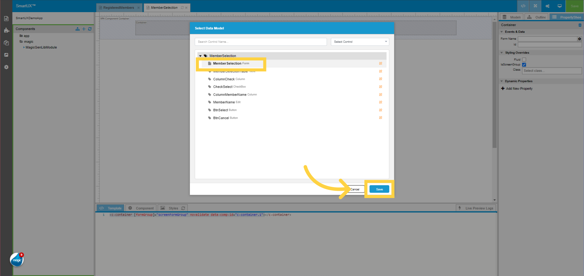 Select Form Name Data Model to Container