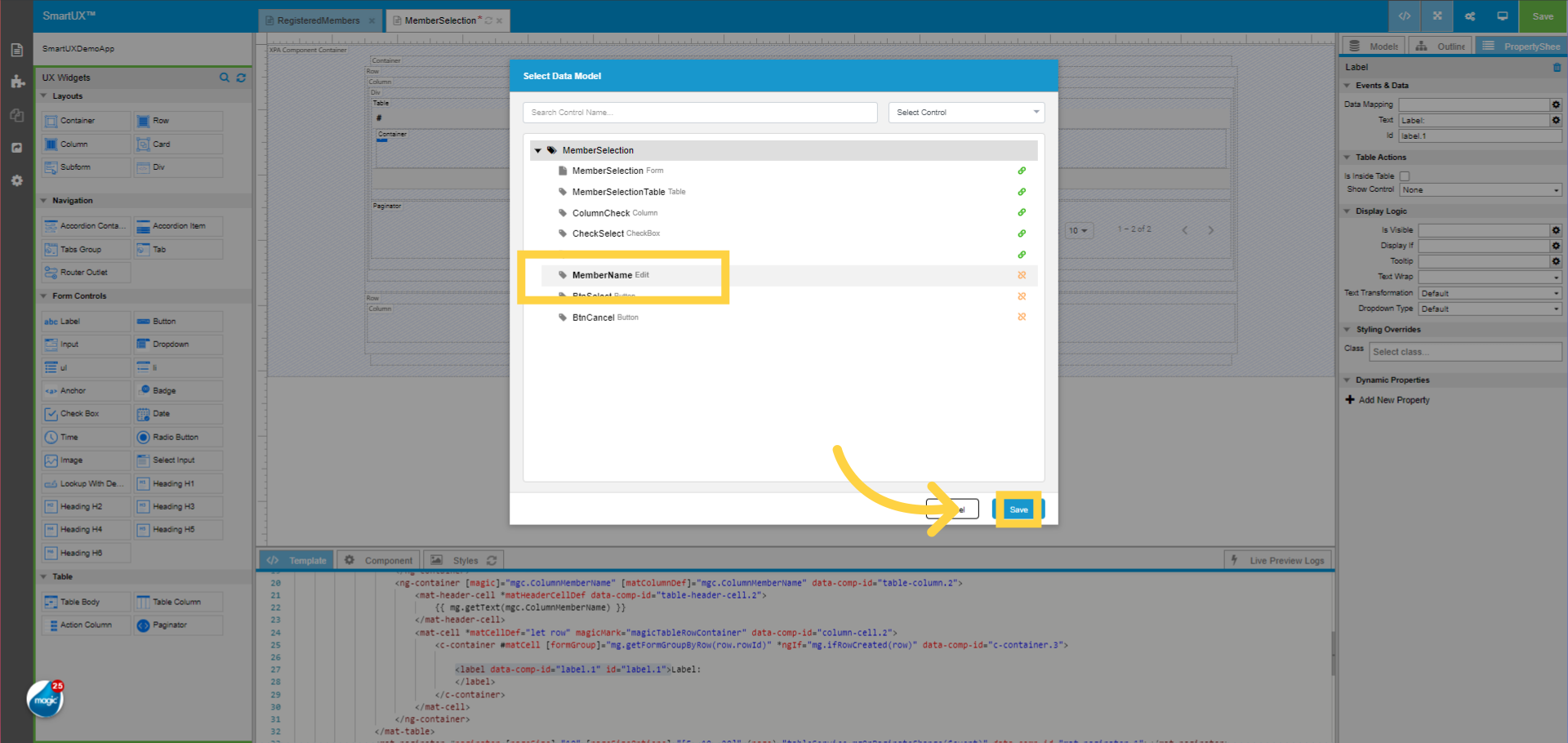 Select the Data Model for the Label from the Member Name Column