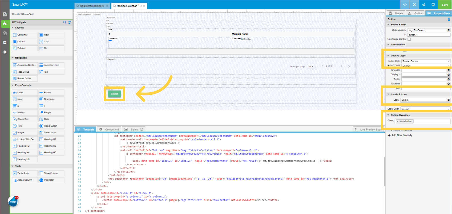 Setting Select Button properties