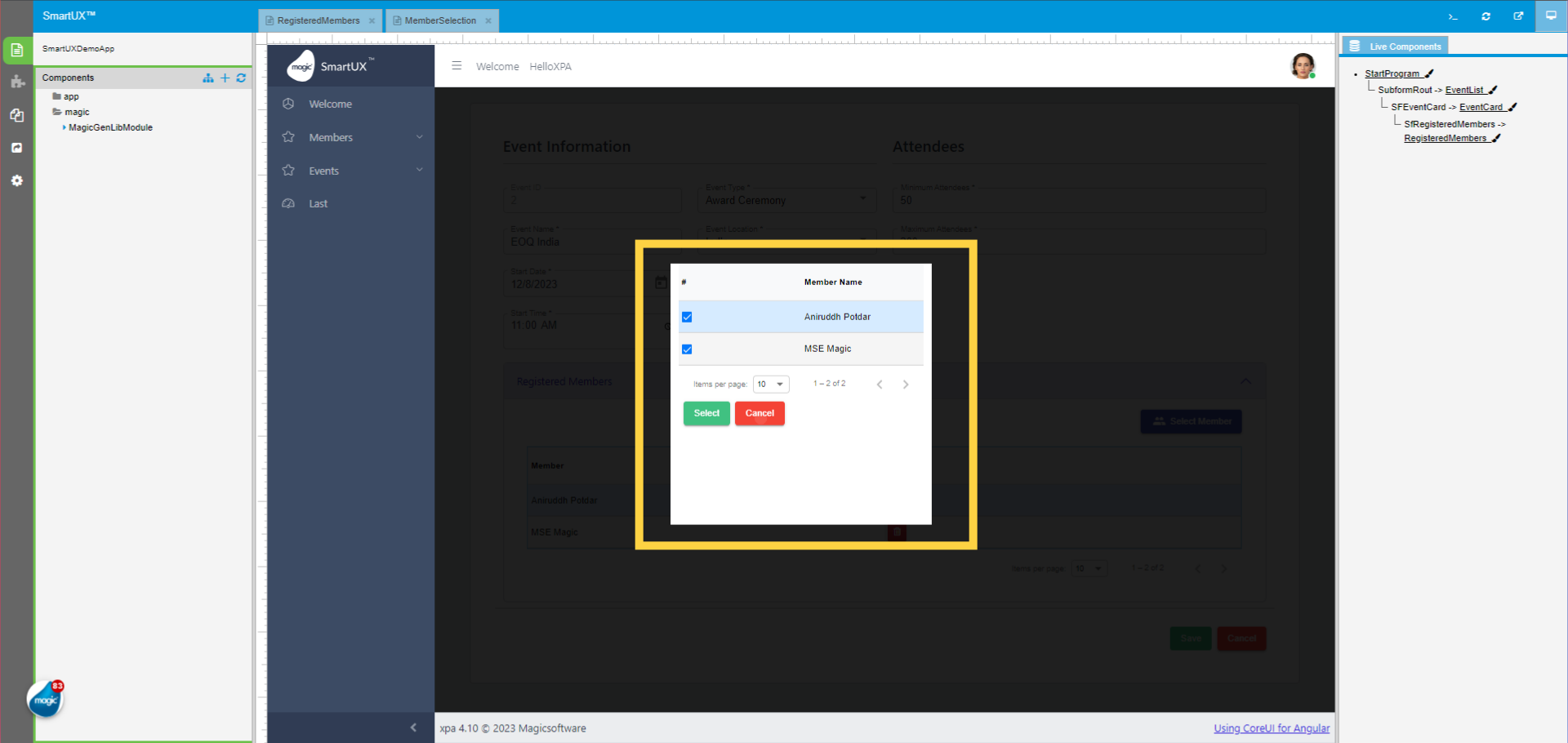 Member Selection overlay