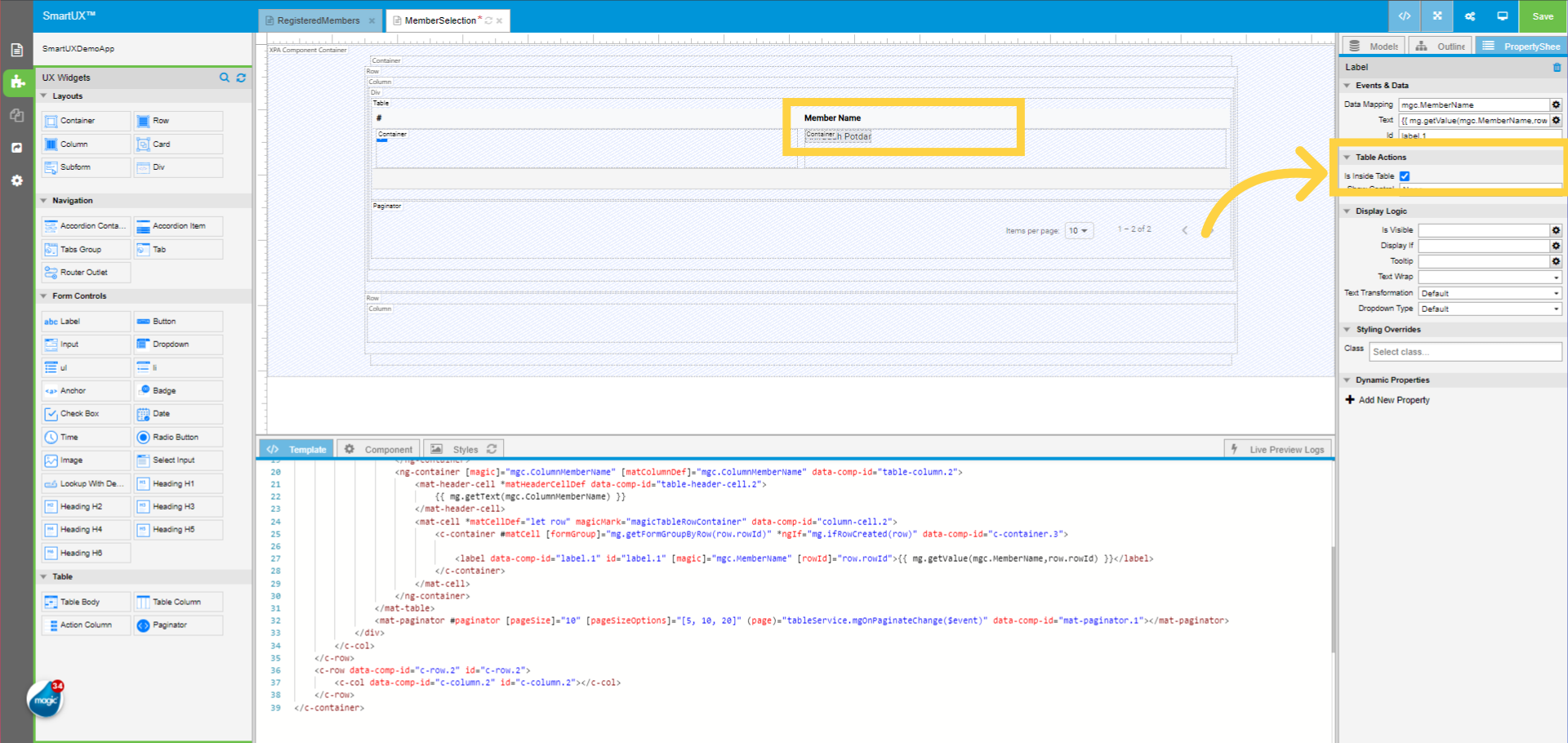 Set Table Action properties for Label from Member Name Column