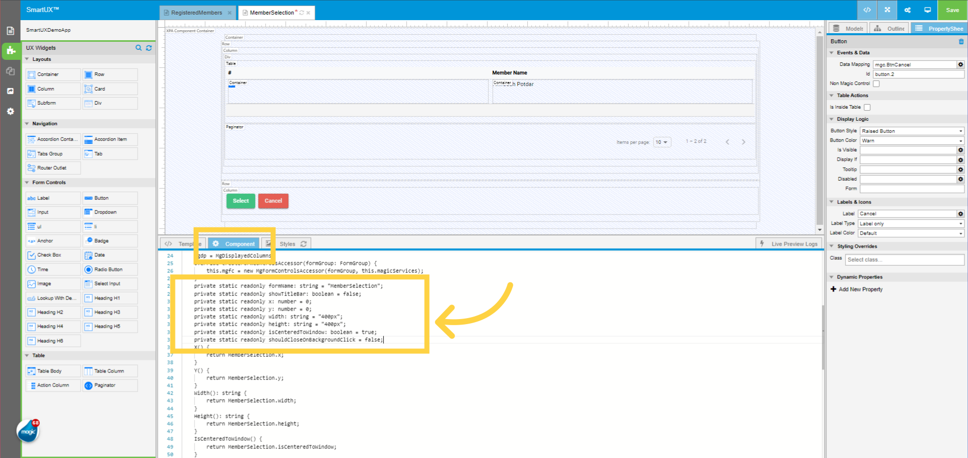 Switch to Component tab below Canvas for TS changes