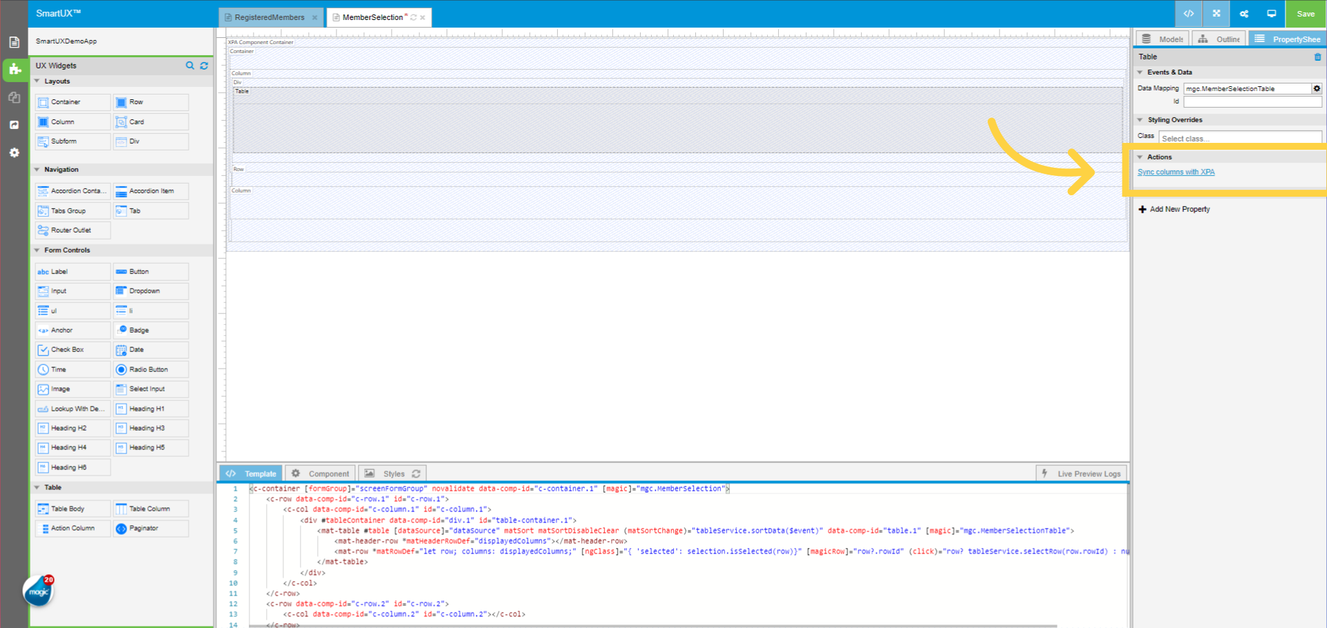 Action Handler 'Sync columns with XPA'