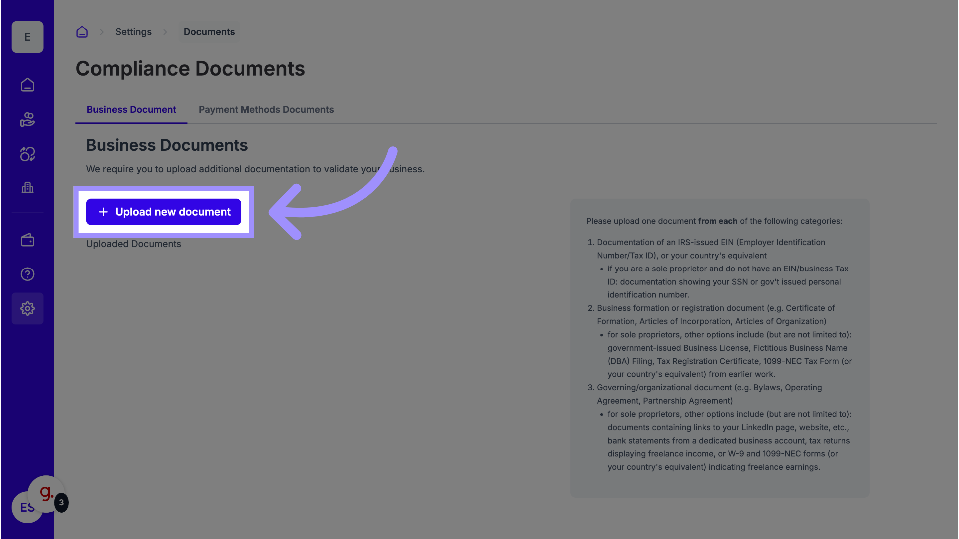 Choose Business Documents or Payment Documents
