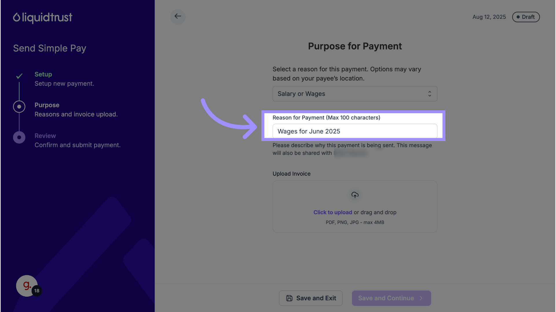 Reason for Payment