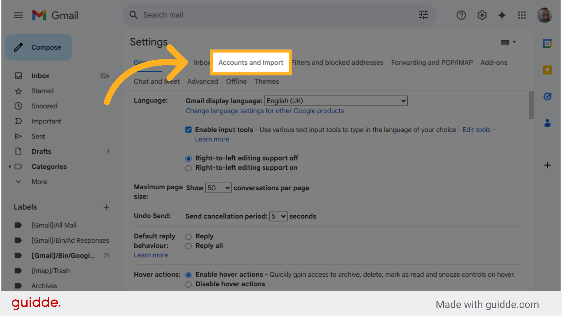 Click 'Accounts and Import' tab