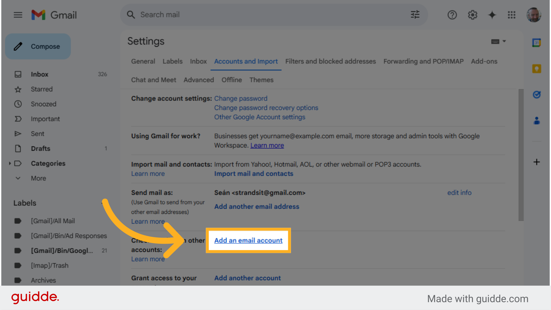 Scroll to 'Check email from other accounts:'Click 'Add an email account'