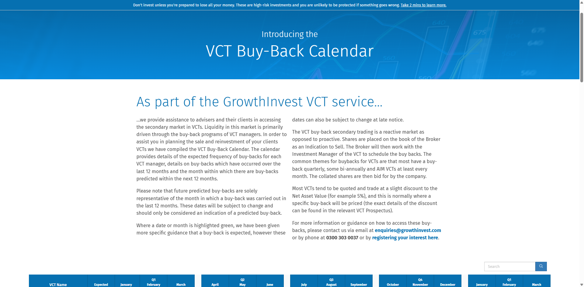 VCT Buy-Back Calendar