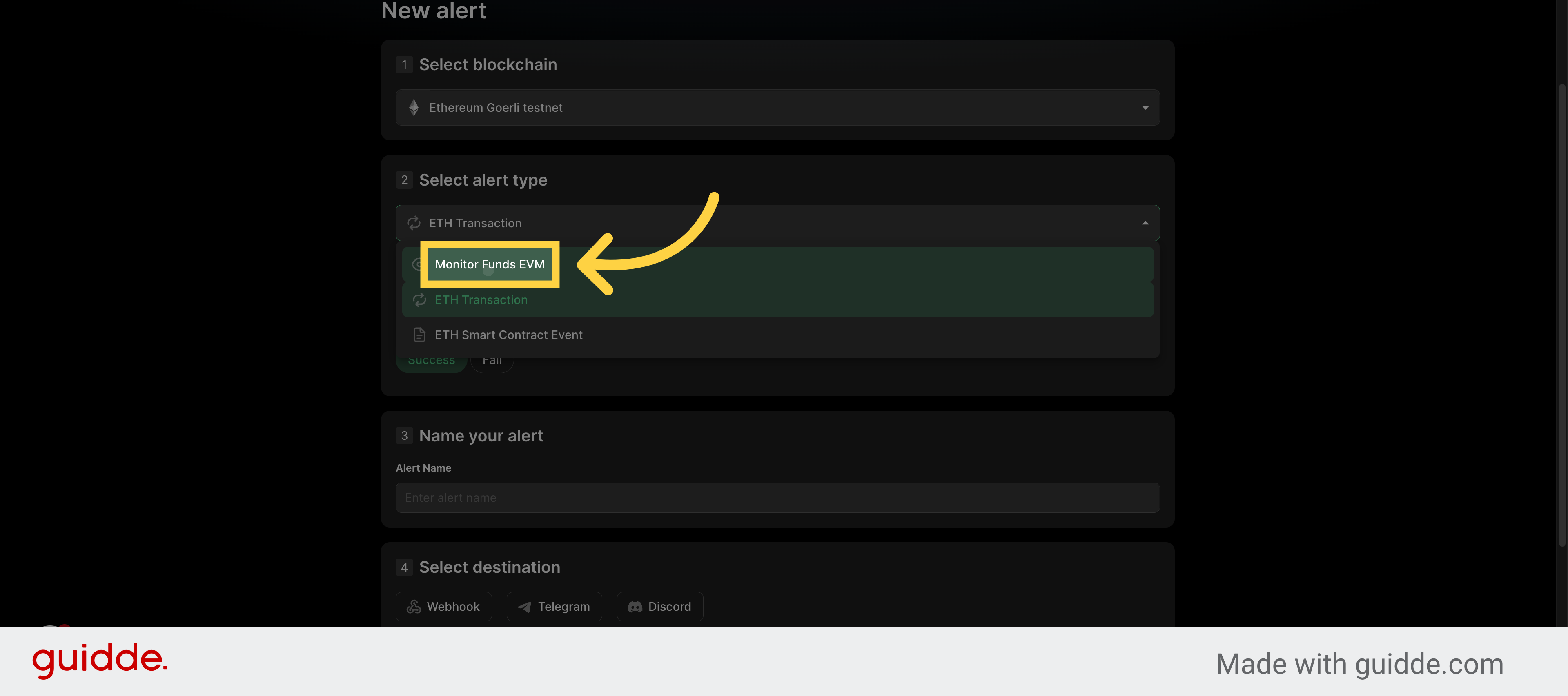 Specify Alert - 'Monitor Funds EVM'