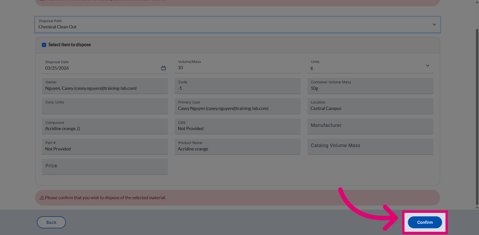Confirm Disposal Selection
