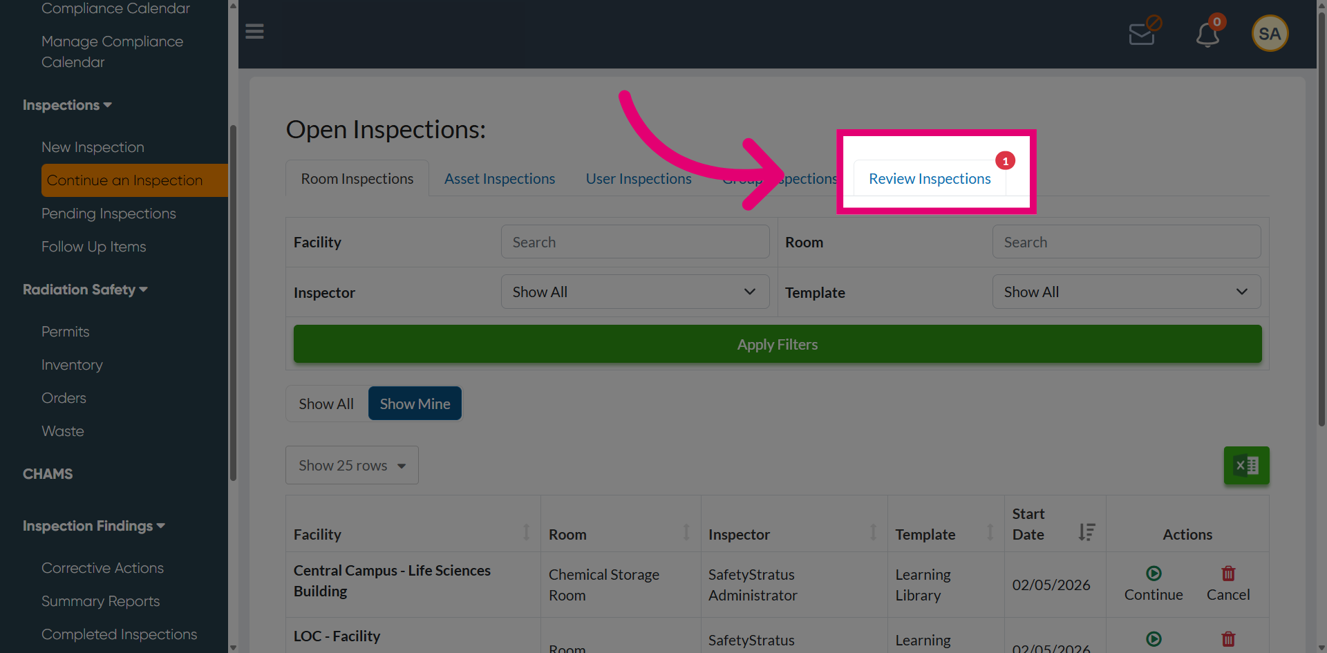 Open Specific Review Inspection