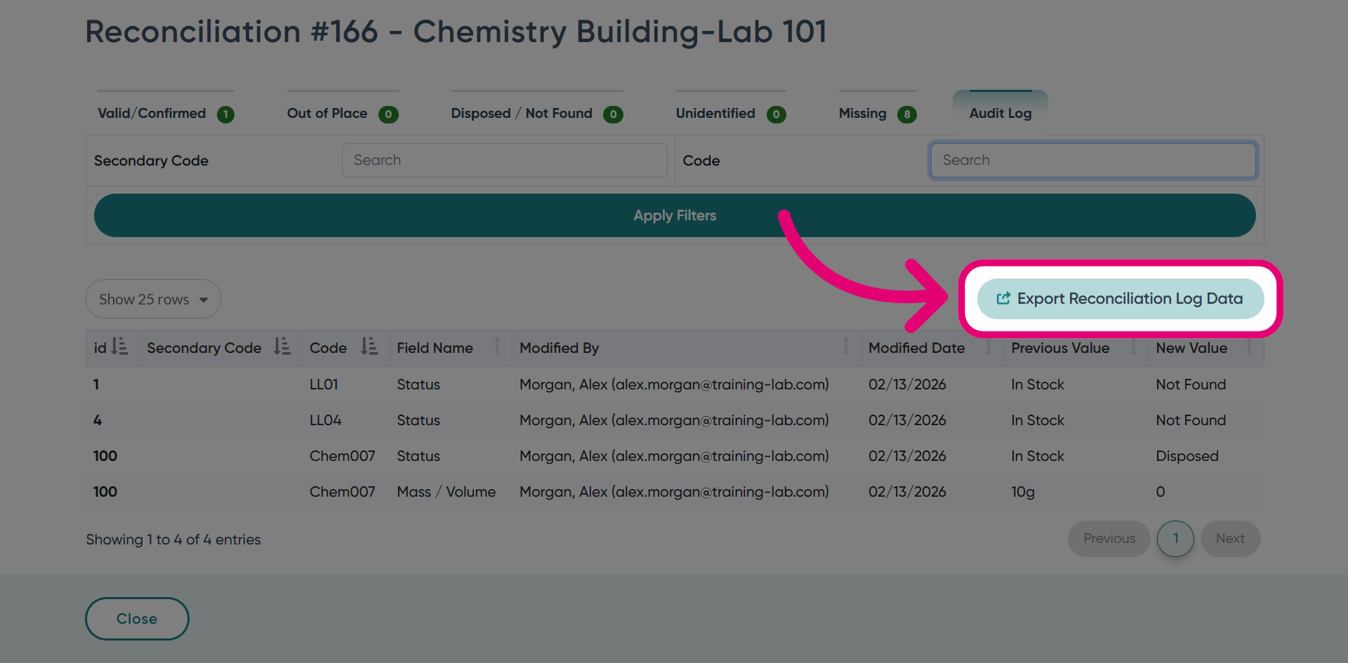 Click 'Export Reconciliation Log Data'