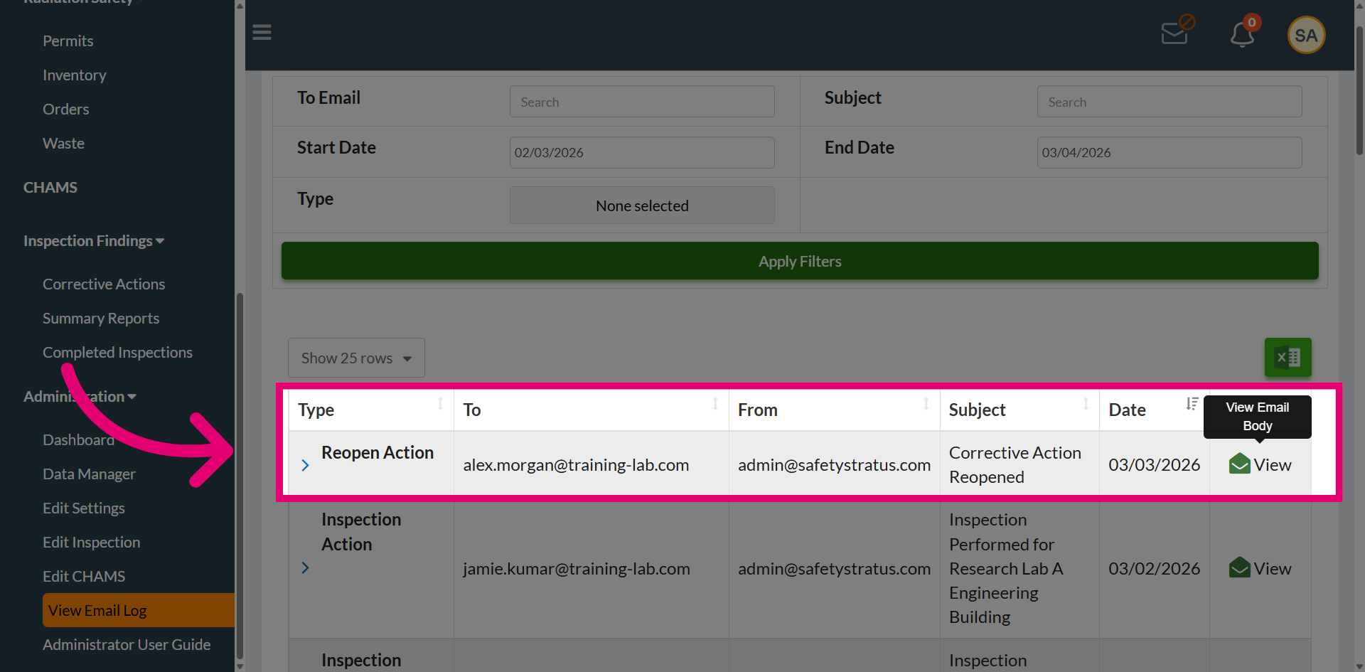 Open Email Log Entry