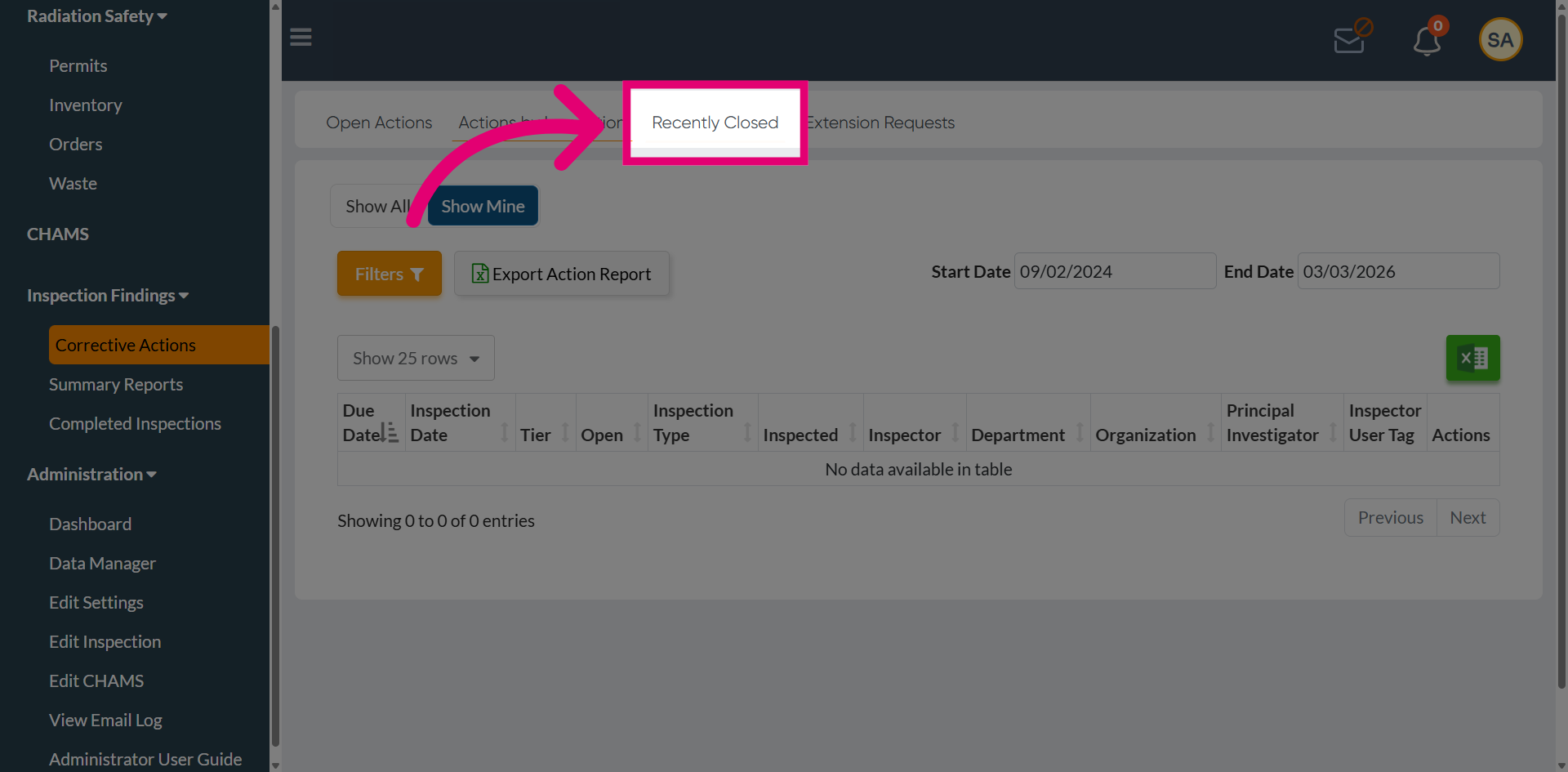 Open Recently Closed Actions