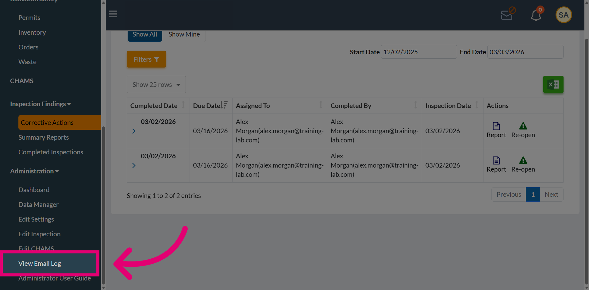 Access Email Log