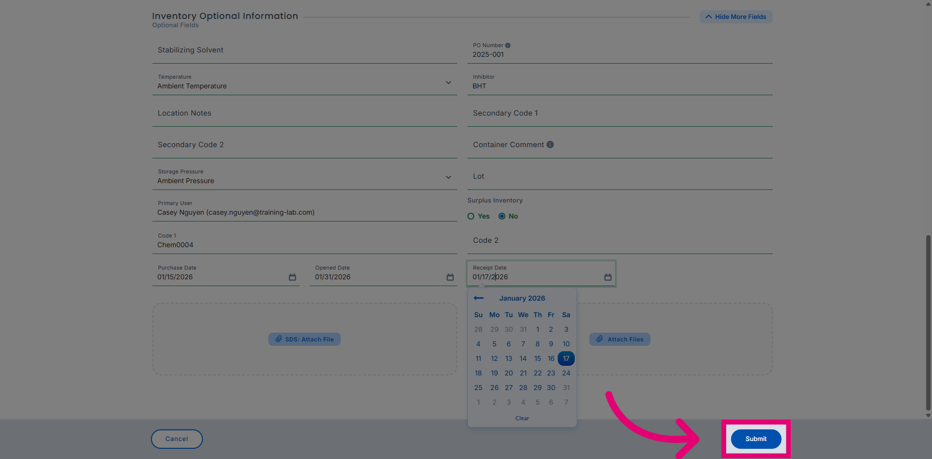 Submit Inventory Entry