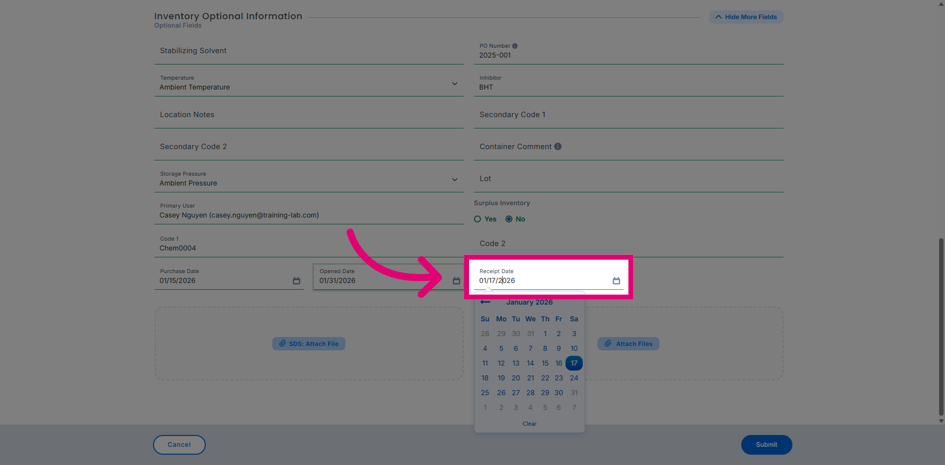 Select Receipt Date