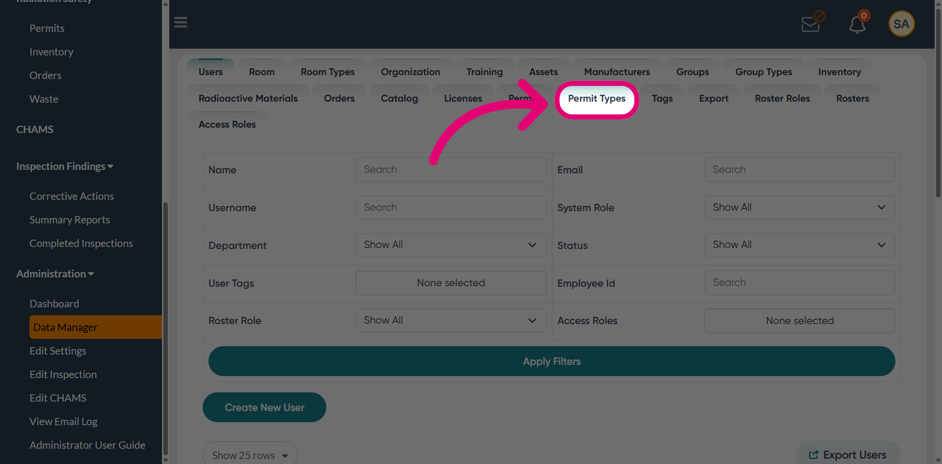 Switch to the 'Permit Types' tab