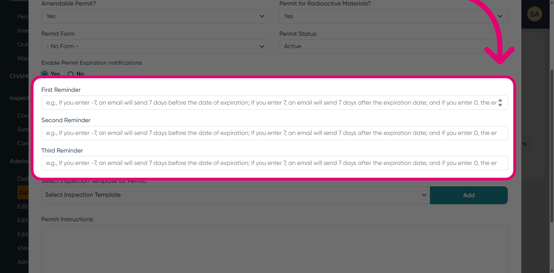 Set reminder triggers (in days)