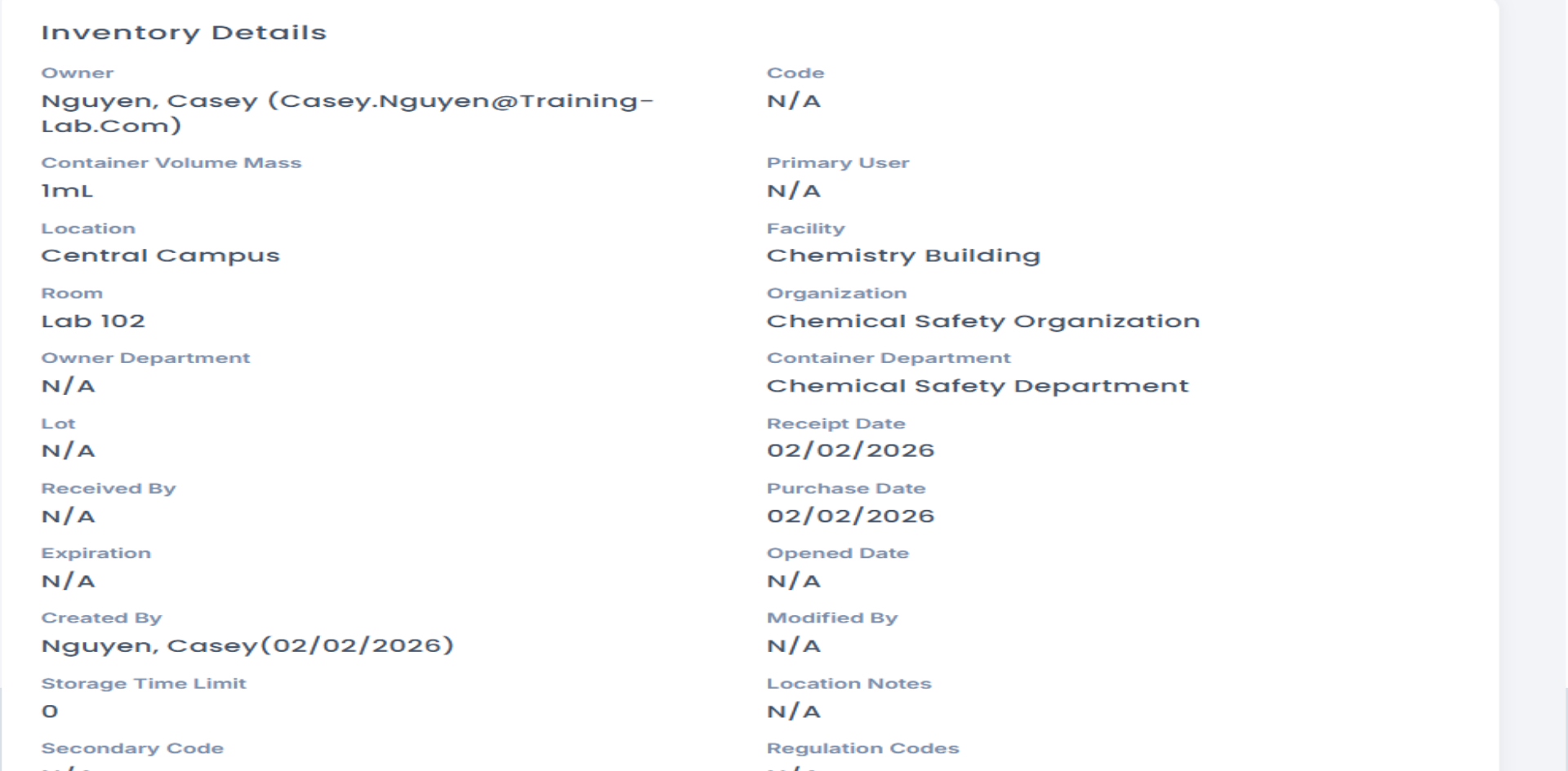 Viewing Chemical Inventory Details
