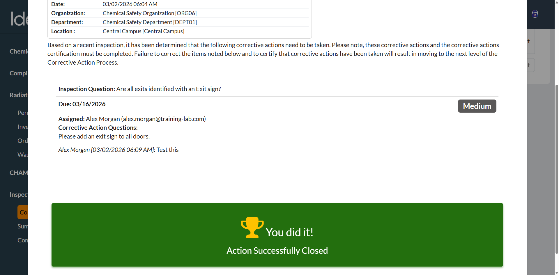 Review updated corrective action
