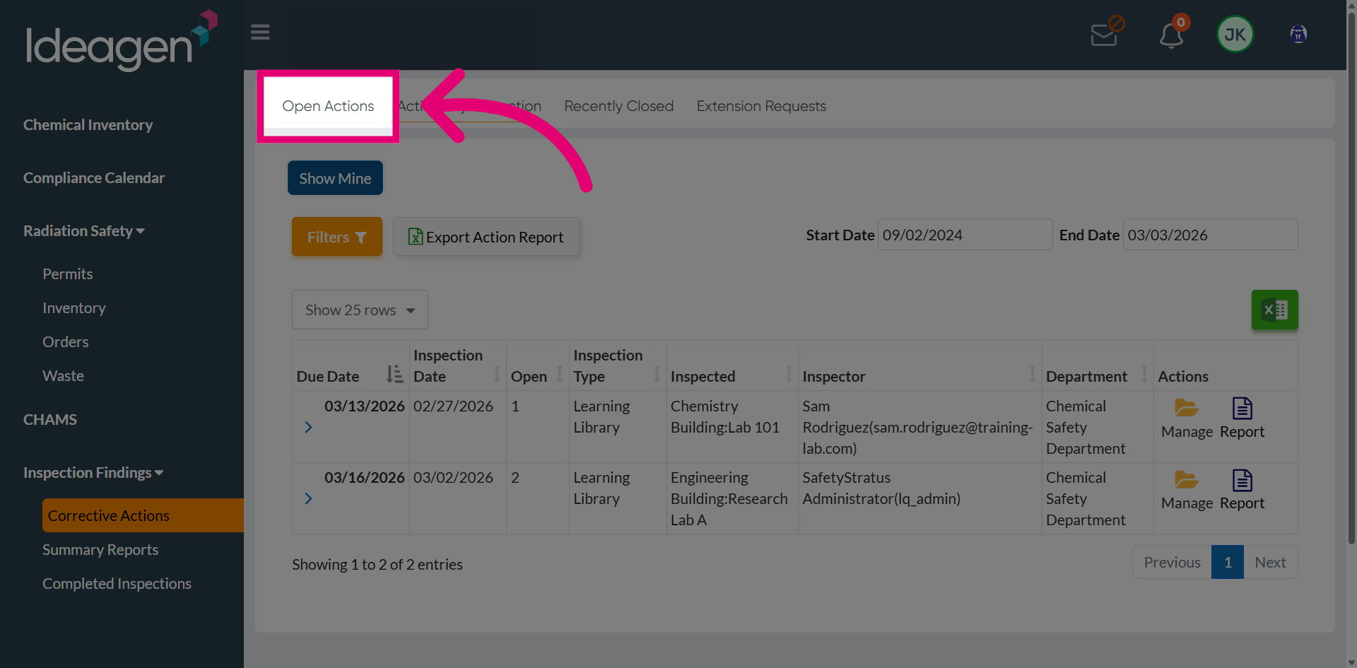 Open Existing Corrective Actions
