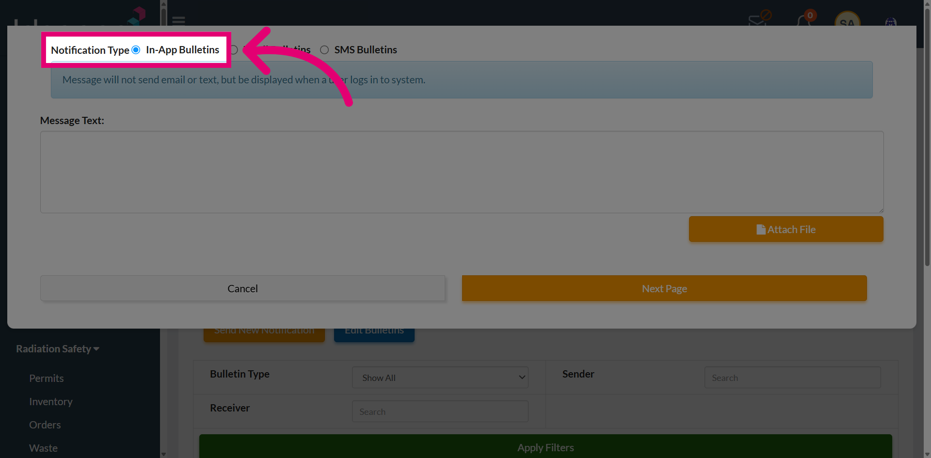 Select In-App Bulletins