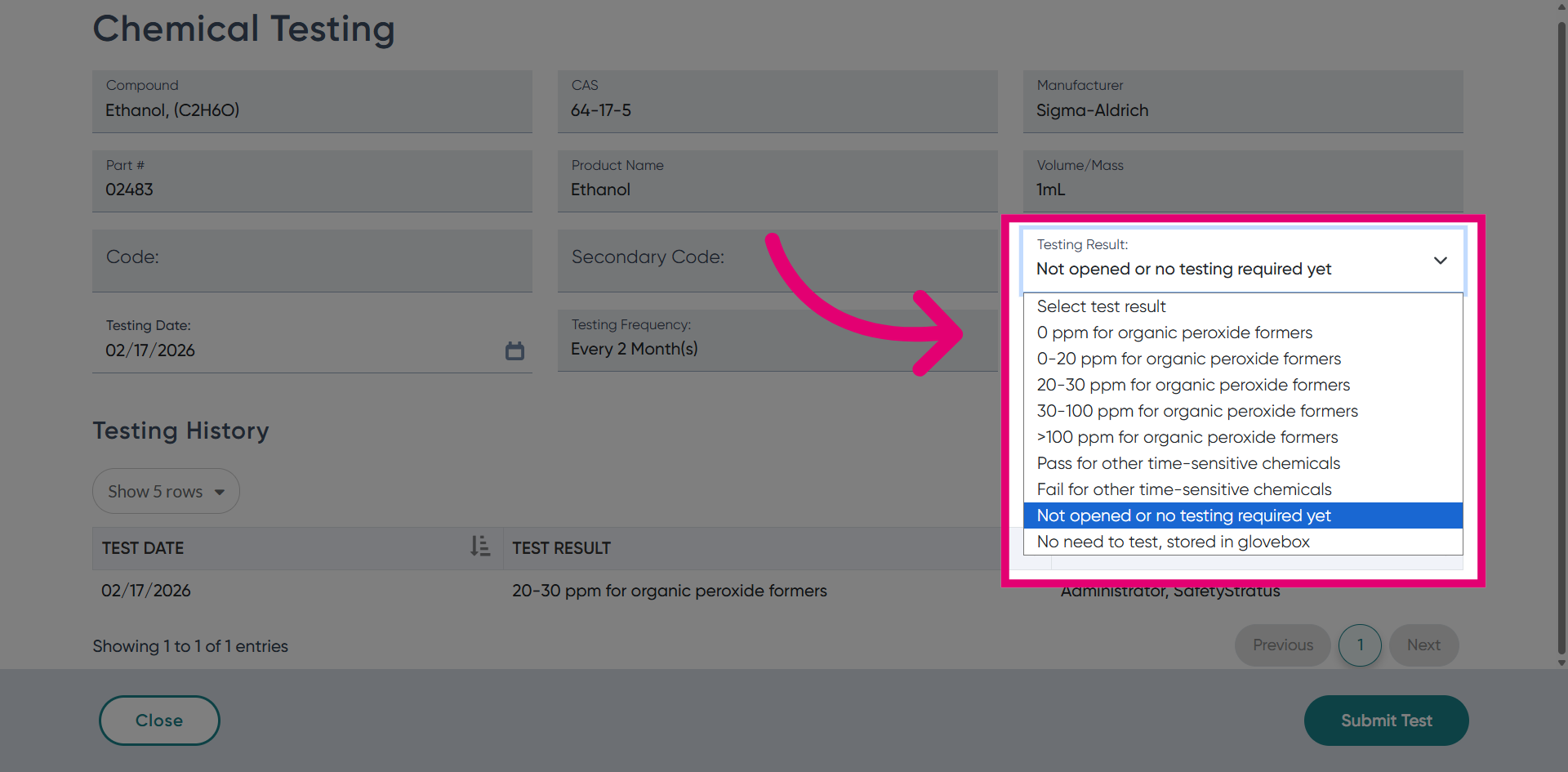 Confirm Test Result Selection