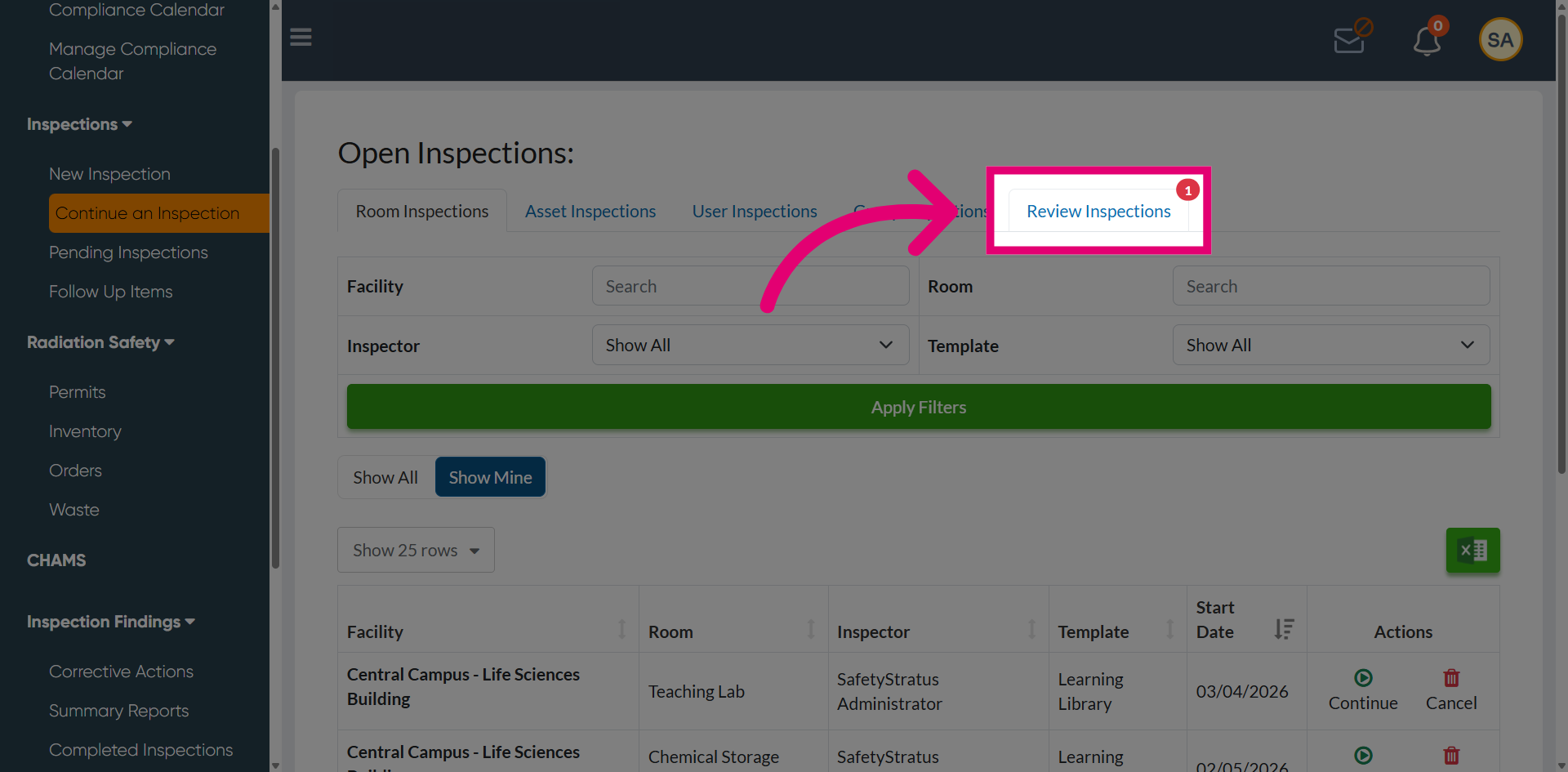 Open Review Inspections List