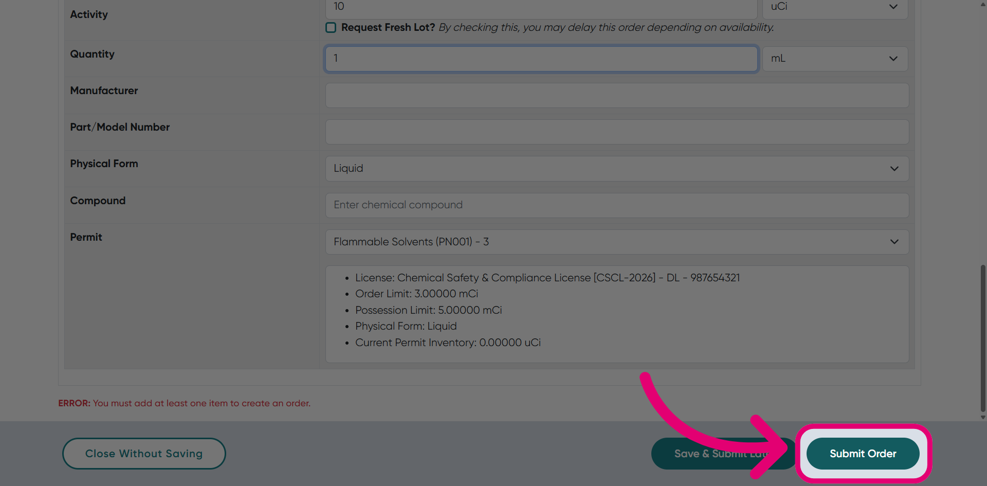 Click 'Submit Order'