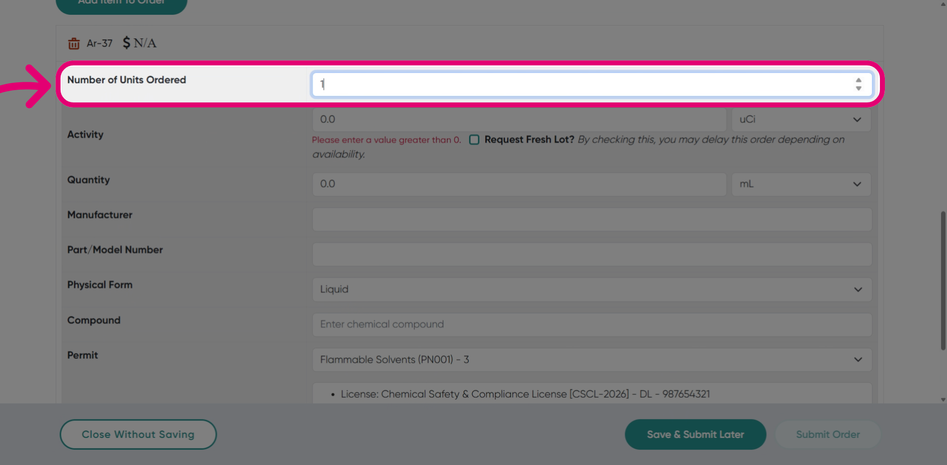 Enter number of units ordered