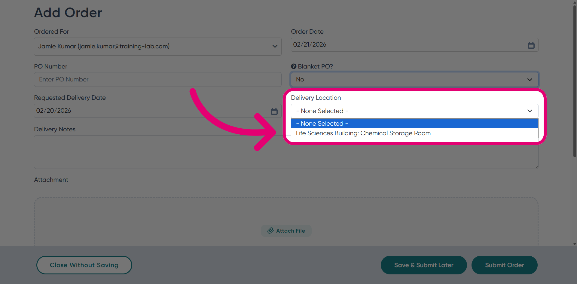 Select delivery location