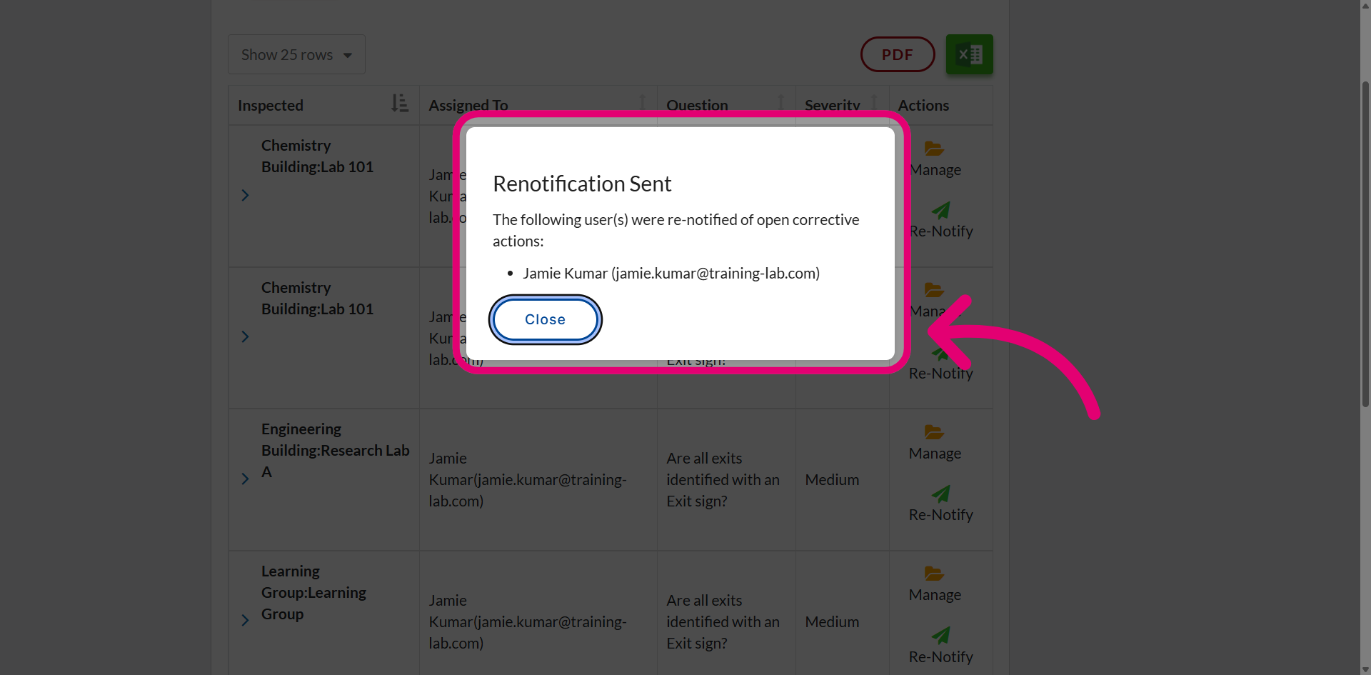 Dismiss success window