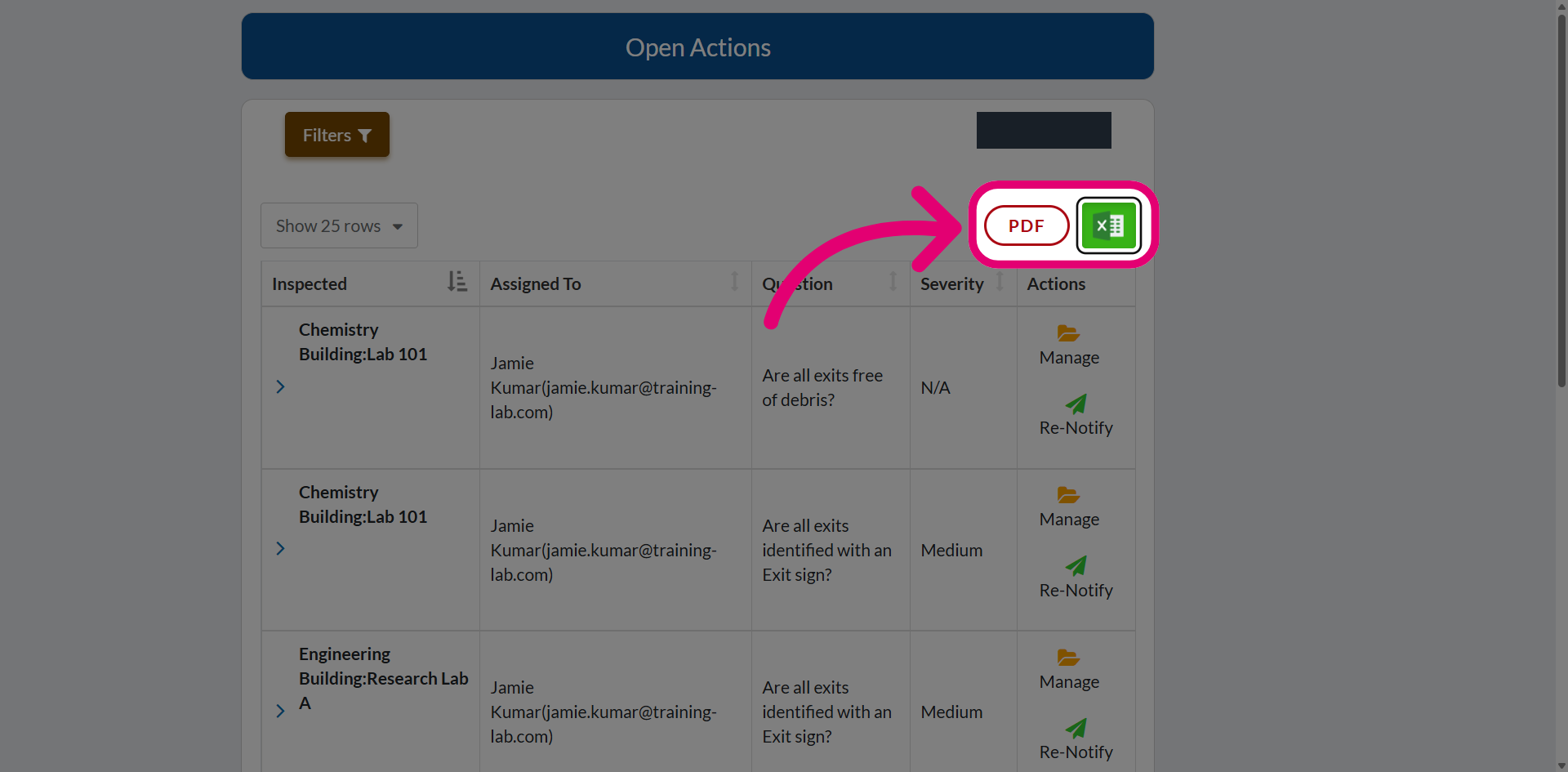 Export actions