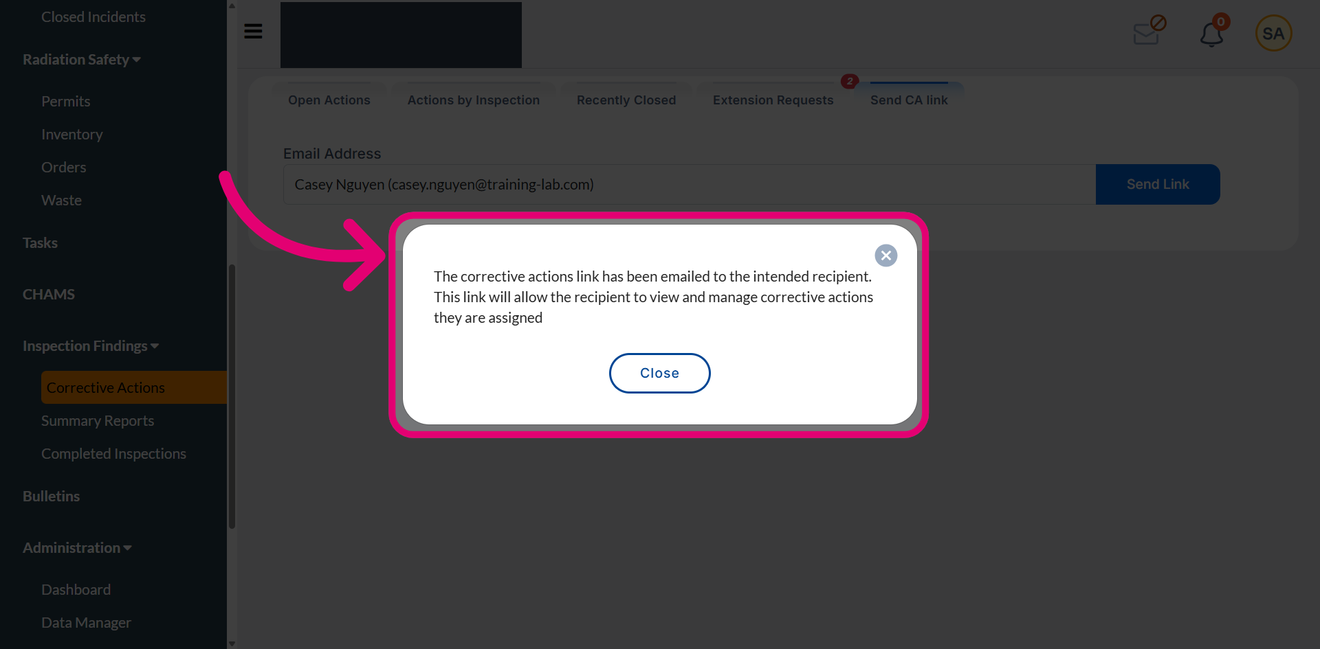 Dismiss success window