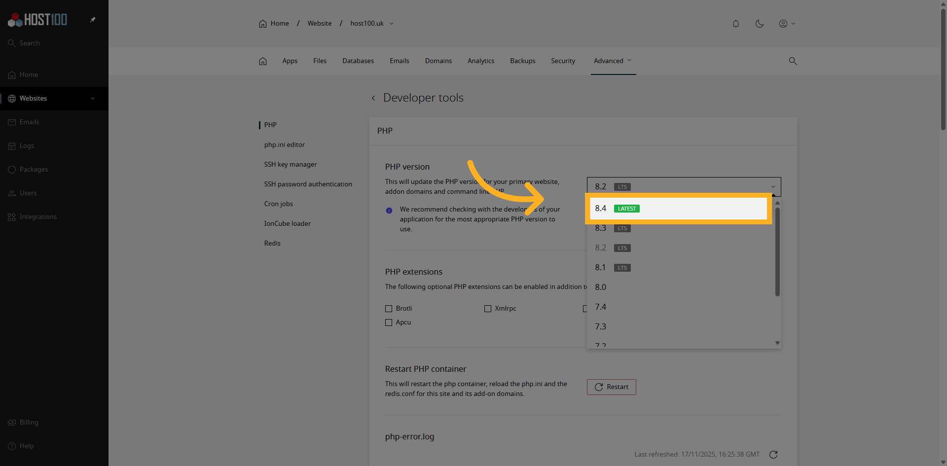 Select Latest PHP Version