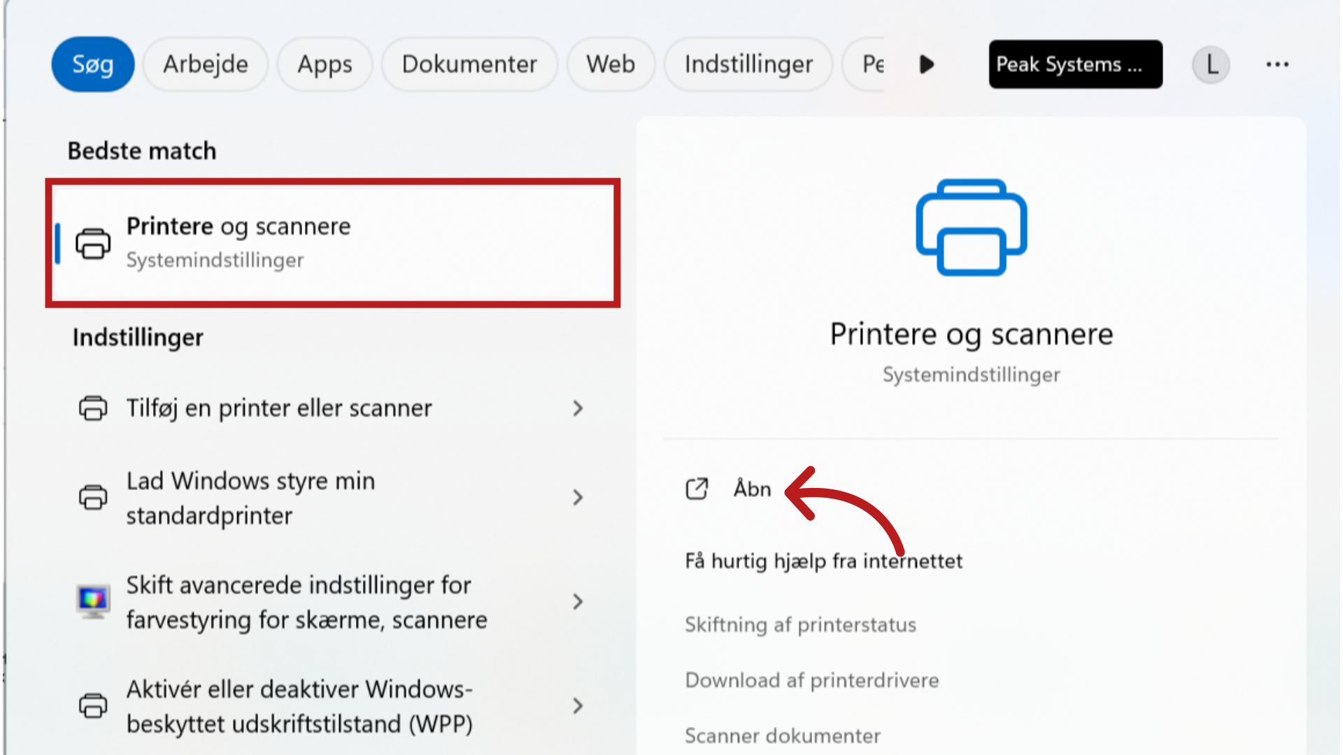 Gå til Windows > Printere & scannere > Åbn